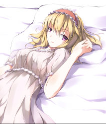 Rule 34 | 1girl, alice margatroid, awa yume, blonde hair, female focus, hairband, highres, looking at viewer, lying, nightgown, on back, on bed, pillow, purple eyes, short hair, solo, touhou