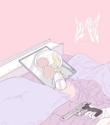 Rule 34 | 1girl, bed, bed sheet, cup, egg (food), food, fork, gun, holding, holding gun, holding weapon, original, out of frame, outo eguchi, pancake, pillow, pink background, plate, scrambled egg, solo, spill, tray, weapon