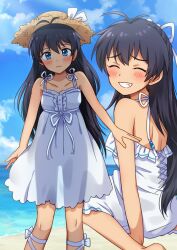 Rule 34 | 1girl, antenna hair, arm support, back, backless dress, backless outfit, bare shoulders, barefoot, beach, black hair, blue eyes, blue sky, blush, bow, breasts, closed eyes, closed mouth, cloud, collarbone, day, dot nose, dress, dress bow, ganaha hibiki, grin, hair bow, hair ribbon, hat, hiiringu, idolmaster, idolmaster (classic), idolmaster million live!, idolmaster million live! theater days, leg ribbon, long hair, looking at viewer, medium breasts, multiple views, ocean, open hands, outdoors, ponytail, ribbon, see-through silhouette, sitting, sky, smile, standing, straw hat, wariza, white bow, white dress, white ribbon