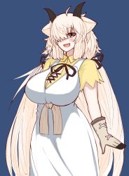 Rule 34 | 1girl, :d, absurdres, ahoge, animal ears, arm at side, black horns, blonde hair, blue background, breasts, brown eyes, center opening, cleavage, collared shirt, cow ears, cow girl, dress, gloves, hair over one eye, hair ribbon, highres, horns, huge breasts, kemono friends, kemono friends 3, long dress, long hair, looking at viewer, nanoder, neck ribbon, open mouth, outstretched hand, parted bangs, ribbon, shirt, short sleeves, simple background, smile, solo, twintails, very long hair, white dress, wing collar, yak (kemono friends), yellow shirt