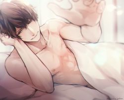 Rule 34 | 1boy, abs, artist name, blurry, blurry foreground, brown eyes, brown hair, collarbone, foreshortening, hair between eyes, kirihara subako, looking at viewer, male focus, nipples, on bed, original, pillow, reaching, reaching towards viewer, smile, solo, toned, toned male, topless male, under covers