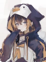 Rule 34 | 1girl, animal hood, arm strap, black hair, blue eyes, buckle, chinese commentary, commentary request, crossed bangs, gradient eyes, grey background, hand up, highres, hood, hood up, looking at viewer, multicolored eyes, multicolored hair, neckerchief, nijisanji, nijisanji en, orange hair, orange neckerchief, penguin hood, petra gurin, petra gurin (1st costume), portrait, short hair, simple background, sleeves past wrists, solo, streaked hair, two-tone hair, virtual youtuber, xiaohailang630