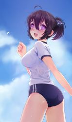 Rule 34 | 1girl, :d, ahoge, antenna hair, arm at side, ass, bad id, bad pixiv id, beifeng han, black hair, breasts, buruma, cloud, cloudy sky, day, from behind, glowing, gym uniform, hair between eyes, hair up, large breasts, looking at viewer, miyaura sanshio, open mouth, original, purple eyes, revision, shirt, short sleeves, sky, smile, solo, thighs, wet, wet clothes, white shirt