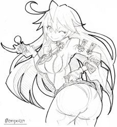 Rule 34 | 1girl, ;), ahoge, ass, breasts, candy, center opening, cleavage, enpe, food, guilty gear, guilty gear xrd, hand on own hip, huge ahoge, jack-o&#039; valentine, large breasts, lollipop, long hair, looking at viewer, monochrome, one eye closed, simple background, smile, solo, white background