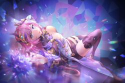 Rule 34 | 1girl, asiya (joey26504), black shorts, blue eyes, boots, breasts, cape, cleavage, crystal flower, crystal shard, elysia (honkai impact), elysia (miss pink elf) (honkai impact), hair between eyes, hair ornament, hand in own hair, high heel boots, high heels, highres, honkai (series), honkai impact 3rd, large breasts, lying, multicolored background, on back, open mouth, pink hair, pink pupils, shirt, short shorts, shorts, signature, smile, solo, thighhighs, thighs, white shirt, zettai ryouiki