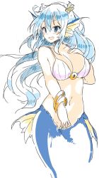 Rule 34 | 1girl, :d, bare shoulders, bikini, blue eyes, blue hair, blush, bracelet, breasts, fins, hand up, head fins, highres, jewelry, large breasts, long hair, navel, o-ring, o-ring bikini, open mouth, original, pink bikini, shell hair ornament, simple background, smile, suruga (xsurugax), swimsuit, very long hair, white background