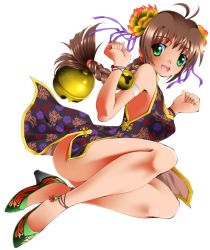 Rule 34 | 1girl, anklet, bell, black dress, blush, bracelet, braid, brown hair, china dress, chinese clothes, dr rex, dress, flower, green eyes, hair flower, hair ornament, high heels, jewelry, long hair, looking at viewer, open mouth, original, shoes, single braid, smile, solo