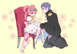 Rule 34 | 1boy, 1girl, ace attorney, ascot, barok van zieks, black jacket, blue eyes, boots, bow, chair, closed mouth, dress, drill hair, flower, full body, gloves, goggles, goggles on head, grey hair, hair rings, holding hands, iris wilson, jacket, kneeling, long hair, long sleeves, looking at another, noi350, on chair, open mouth, pants, pink bow, pink hair, shoes, short hair, sitting, smile, the great ace attorney, twintails, white ascot, white dress, white footwear, white gloves, yellow background, yellow bow