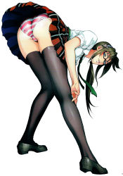 Rule 34 | 1girl, absurdres, ass, bent over, black hair, blue eyes, blush, breasts, feet, from behind, glasses, hairband, highres, leaning forward, legs, long hair, looking back, makinami mari illustrious, necktie, neon genesis evangelion, panties, pantyshot, plaid, plaid skirt, school uniform, shiosaba, shoes, simple background, skirt, smile, solo, striped clothes, striped panties, thighhighs, thighs, twintails, underwear, upskirt, white background, wind, wind lift