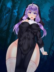 Rule 34 | 1futa, alternate costume, blush, breasts, clenched hand, commentary request, covered erect nipples, curvy, erection, forest, futanari, hisui (stapspats), impossible clothes, long hair, looking at viewer, nature, navel, night, no panties, nun, open mouth, outdoors, penis, purple eyes, purple hair, solo, thighhighs, thighs, voiceroid, yuzuki yukari