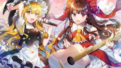 Rule 34 | 2girls, :d, absurdres, acoustic guitar, apron, arm up, ascot, bare shoulders, black headwear, black skirt, black vest, blonde hair, blush, bow, breasts, brown hair, commentary request, cowboy shot, detached sleeves, frilled ascot, frilled bow, frills, guitar, hair between eyes, hair bow, hakurei reimu, hand up, hat, hat bow, highres, holding, holding instrument, holding microphone, instrument, k2h, kirisame marisa, long hair, long sleeves, looking at viewer, medium breasts, microphone, multiple girls, open mouth, petals, pink background, plectrum, red bow, red eyes, red skirt, ribbon-trimmed sleeves, ribbon trim, shirt, sidelocks, skirt, skirt set, smile, sparkle, touhou, vest, waist apron, white apron, white bow, white shirt, wide sleeves, yellow ascot, yellow eyes