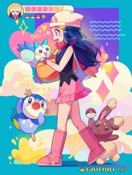 Rule 34 | 1girl, anger vein, artist name, bag, beanie, black hair, black shirt, boots, bracelet, buneary, commentary request, creatures (company), crying, dated, dawn (pokemon), duffel bag, from side, game freak, gatcha8169, gen 4 pokemon, grey eyes, hair ornament, hairclip, hat, highres, jewelry, long hair, nintendo, pachirisu, pink footwear, pink skirt, piplup, poke ball symbol, pokemon, pokemon (creature), pokemon dppt, red scarf, scarf, shirt, skirt, sleeveless, sleeveless shirt, standing, tears, white headwear, yellow bag