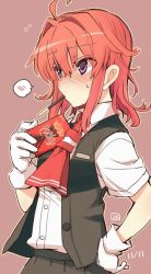 Rule 34 | 10s, 1girl, ahoge, arashi (kancolle), blush, box, commentary request, dated, embarrassed, food, fujii jun, gloves, hand on own hip, kantai collection, looking away, pocky, pocky day, purple eyes, red hair, school uniform, solo, spoken blush, upper body, vest