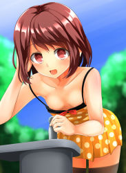 Rule 34 | 1girl, adjusting hair, areola slip, bare shoulders, blue sky, blurry, blurry background, blush, breasts, downblouse, dress, drinking fountain, hanging breasts, highres, kuku123, leaning forward, looking at viewer, medium breasts, no bra, open mouth, original, outdoors, red eyes, red hair, short hair, sky, smile, solo, standing, thighhighs