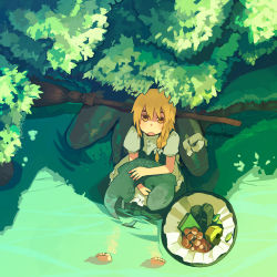 Rule 34 | 1girl, animal, barefoot, blonde hair, braid, broom, eyebrows hidden by hair, feet, female focus, from above, grass, green theme, hair ribbon, hat, kirisame marisa, looking up, mary janes, nature, open mouth, outdoors, ribbon, shoes, side braid, sitting, soaking feet, soles, solo, submerged, takishima asaka, toes, touhou, tree, unworn hat, unworn headwear, unworn shoes, water, witch, witch hat, yellow eyes