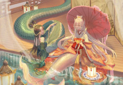 Rule 34 | 2girls, :o, absurdres, green hair, hair ornament, highres, holding, holding umbrella, huge filesize, japanese clothes, kimono, lamia, liliantsai0417, long hair, mermaid, monster girl, multiple girls, original, scales, snake hair ornament, tail, umbrella, very long hair, water, white hair, wide sleeves, yellow eyes, traditional youkai