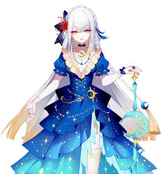 Rule 34 | 1girl, blonde hair, blue bow, blue dress, blunt bangs, bow, braid, commentary request, cowboy shot, crown braid, dress, flower, gradient hair, hair bow, hair flower, hair ornament, highres, long hair, looking at viewer, multicolored hair, open mouth, original, puffy short sleeves, puffy sleeves, red flower, sheya, short sleeves, side slit, solo, standing, very long hair, white hair, yellow eyes