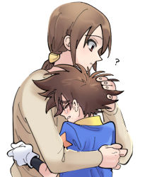 Rule 34 | 1boy, 1girl, ?, age difference, artist request, blue shirt, blush, brown eyes, brown hair, closed eyes, confused, crying, digimon, facing another, family, from side, gloves, hair tie, hand on another&#039;s head, hand up, height difference, holding, hug, long hair, long sleeves, looking ahead, looking to the side, matching hair/eyes, mature female, mother and son, parted lips, ponytail, question mark, shirt, short sleeves, simple background, t-shirt, teeth, upper body, white background, white gloves, yagami taichi, yagami yuuko