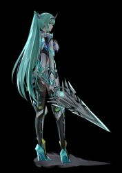 Rule 34 | 1girl, black background, breasts, chest jewel, earrings, from behind, full body, gloves, green eyes, green hair, high heels, highres, holding, holding sword, holding weapon, jewelry, large breasts, long hair, looking back, pneuma (xenoblade), ponytail, sarasadou dan, simple background, solo, spoilers, standing, sword, tiara, very long hair, weapon, xenoblade chronicles (series), xenoblade chronicles 2