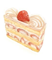Rule 34 | absurdres, cake, cake slice, food, food focus, fruit, highres, no humans, original, simple background, still life, strawberry, strawberry shortcake, user xapj4875, white background