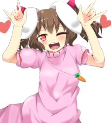 Rule 34 | 1girl, animal ears, bad id, bad pixiv id, brown hair, carrot, carrot necklace, dress, heart, inaba tewi, jacket, jewelry, karatakewari, looking at viewer, necklace, one eye closed, open clothes, open jacket, open mouth, pendant, pink dress, puffy sleeves, rabbit ears, red eyes, short sleeves, simple background, smile, solo, touhou, white background, wink