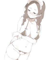 Rule 34 | 1girl, 2l (2lsize), 3:, bikini, blush, braid, breasts, closed mouth, collarbone, cowboy shot, dutch angle, embarrassed, forehead, greyscale, half-closed eyes, highres, large breasts, looking to the side, maid, maid bikini, maid headdress, micro bikini, monochrome, navel, nose blush, original, solo, swimsuit, thighhighs, thighs, twin braids, unconventional maid, wrist cuffs