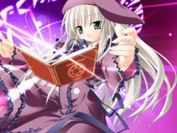 Rule 34 | 1girl, bent over, beret, book, dress, frilled dress, frills, game cg, green eyes, hat, kannagi rei, kasuga karin, long hair, magic circle, outstretched arms, princess witches, solo, sparkle, spread arms, white hair, wide sleeves