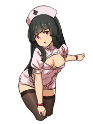 Rule 34 | 1girl, black hair, breasts, brown thighhighs, cleavage cutout, clothing cutout, cropped legs, dress, hat, houtengeki, leaning forward, long hair, looking at viewer, medium breasts, no bra, nurse, nurse cap, original, parted lips, pink dress, red eyes, short dress, simple background, solo, thighhighs, white background, wristband