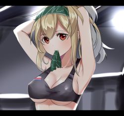 Rule 34 | 1girl, armpits, arms up, black bra, blush, bra, breasts, brown eyes, brown hair, closed mouth, collarbone, girls&#039; frontline, green ribbon, hairband, head tilt, high ponytail, kkis-i, large breasts, letterboxed, long hair, looking at viewer, mouth hold, ribbon, solo, sports bra, sv-98 (girls&#039; frontline), underwear, upper body