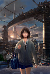 Rule 34 | 1boy, 2girls, bag, building, car, city, cityscape, cloud, future, motor vehicle, multiple girls, necktie, noba, original, outdoors, road, road sign, science fiction, sign, skirt, sky, spacecraft, street, sun, sweater, tagme, vehicle