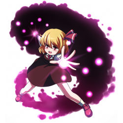 Rule 34 | 1girl, blonde hair, darkness, embodiment of scarlet devil, female focus, magic, red eyes, rumia, short hair, solo, spread legs, standing, tdk, touhou, white background