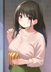 Rule 34 | 1girl, box, breasts, brown hair, cccpo, collarbone, commentary request, eating, highres, holding, holding box, large breasts, long hair, long sleeves, original, purple eyes, smile, solo