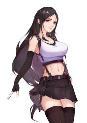 Rule 34 | 1girl, absurdres, bare shoulders, black hair, black skirt, black thighhighs, breasts, closed mouth, commentary, elbow gloves, final fantasy, final fantasy vii, final fantasy vii remake, fingerless gloves, gloves, hand on own hip, highres, large breasts, li894887897, lips, long hair, looking at viewer, midriff, miniskirt, navel, parted bangs, red eyes, simple background, skirt, sleeveless, solo, stomach, suspender skirt, suspenders, tank top, thighhighs, thighs, tifa lockhart, white background, white tank top, zettai ryouiki