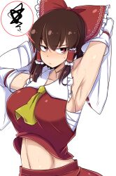 Rule 34 | 1girl, annoyed, arm up, armpits, arms behind head, bow, breasts, frills, hair bow, hakurei reimu, highres, japanese clothes, large breasts, looking at viewer, midriff, miko, navel, necktie, norori, presenting armpit, sarashi, solo, touhou