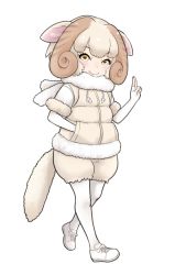 Rule 34 | 10s, 1girl, animal ears, blonde hair, character request, drawstring, elbow gloves, fingerless gloves, full body, fur-trimmed sleeves, fur collar, fur trim, gloves, hand in pocket, horizontal pupils, ise (0425), kemono friends, looking at viewer, pants, pantyhose, shoes, short hair, simple background, smile, solo, tail, walking, white background, white footwear, white gloves, white pantyhose, yellow eyes