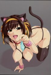 Rule 34 | 1girl, absurdres, all fours, animal ears, blush, breasts, brown eyes, brown hair, cat ears, cat tail, condom, full body, hair ribbon, hanging breasts, haruhisky, highres, looking at viewer, medium breasts, nipples, open mouth, ribbon, smile, solo, suzumiya haruhi, suzumiya haruhi no yuuutsu, sweat, tail, thighhighs, tongue
