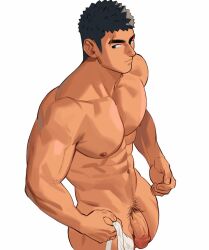 Rule 34 | 1boy, abs, bara, black hair, completely nude, cropped legs, eyebrow cut, flaccid, from above, holding, holding clothes, holding underwear, large pectorals, long sideburns, looking to the side, male focus, muscular, muscular male, navel, nipples, nude, original, pectorals, short hair, sideburns, solo, stomach, thick eyebrows, thick thighs, thighs, underwear, youchi123