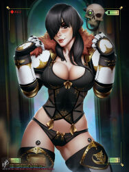 Rule 34 | 1girl, adeptus astartes, armor, black bra, black eyes, black hair, black legion, black panties, bra, breasts, cleavage, closed mouth, fur collar, gauntlets, hair over one eye, highres, large breasts, lingerie, lips, long hair, long sleeves, looking at viewer, mole, mole above mouth, navel, panties, pauldrons, servo-skull, shoulder armor, smile, solo, space marine, stomach, themaestronoob, underwear, viewfinder, warhammer 40k