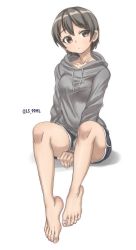 Rule 34 | 1girl, absurdres, brown eyes, feet, grey hair, highres, original, short hair, shorts, solo, toes, tsukimaru (ls 99ml), white background