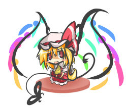 Rule 34 | 1girl, ascot, blonde hair, blush stickers, fang, female focus, flandre scarlet, goma (gomasamune), hat, hat ribbon, highres, laevatein, open mouth, puffy sleeves, red eyes, ribbon, short hair, short sleeves, side ponytail, solo, touhou, weapon, wings