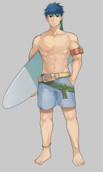 Rule 34 | 1boy, abs, absurdres, aper, bara, blue eyes, blue hair, blue male swimwear, cape, commentary request, denim, denim shorts, fire emblem, fire emblem: path of radiance, fire emblem heroes, full body, grey background, headband, highres, holding, holding surfboard, ike (fire emblem), male focus, male swimwear, muscular, muscular male, nintendo, pectorals, shorts, smile, solo, surfboard, swim trunks, topless male