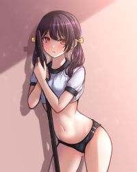 Rule 34 | 1girl, bang dream!, bare legs, black buruma, blush, bow, breasts, buruma, closed mouth, cowboy shot, cropped shirt, futaba tsukushi, gluteal fold, gym shirt, gym uniform, hair bow, head tilt, highres, holding, holding pole, leaning forward, leaning on object, looking at viewer, low twintails, medium hair, micro shorts, midriff, navel, pink background, pole, polka dot, polka dot bow, pout, ptal, red eyes, shadow, shirt, short sleeves, shorts, sidelocks, small breasts, solo, standing, stomach, t-shirt, thighs, twintails, white shirt, yellow bow