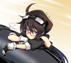 Rule 34 | 1girl, :t, ahoge, bare shoulders, bespectacled, blue eyes, brown hair, brown hat, cannon, closed mouth, fume, glasses, goggles, goggles on head, hair between eyes, hat, kanon (sennen sensou aigis), long hair, looking at viewer, low ponytail, ogami kazuki, pink-framed eyewear, puffy short sleeves, puffy sleeves, sennen sensou aigis, short sleeves, solo, translated, very long hair