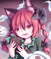 Rule 34 | 1girl, animal, animal ears, blush, bow, braid, cat ears, collarbone, dior-zi, dress, extra ears, fang, fingernails, flaming skull, green dress, hair between eyes, hair bow, highres, hitodama, holding, holding animal, kaenbyou rin, looking at viewer, nail polish, open mouth, purple background, red eyes, red hair, red nails, reiuji utsuho, reiuji utsuho (bird), sharp fingernails, short hair, simple background, slit pupils, third eye, touhou, twin braids, upper body