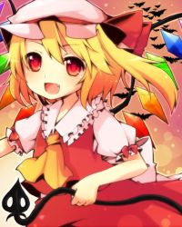 Rule 34 | 1girl, ascot, bat (animal), blonde hair, bow, fang, flandre scarlet, gradient background, hat, laevatein, looking at viewer, mob cap, open mouth, puffy short sleeves, puffy sleeves, red eyes, ruhika, short hair, short sleeves, side ponytail, skirt, skirt set, solo, touhou, wings