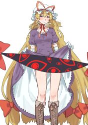 Rule 34 | 1girl, blonde hair, blush, boots, clothes lift, dress, dress lift, gap (touhou), gloves, hat, highres, long hair, looking at viewer, mob cap, purple dress, purple eyes, smile, sobayu to tenpura, solo, touhou, very long hair, yakumo yukari