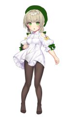 Rule 34 | 1girl, :o, black pantyhose, blonde hair, blush, bow, braid, breasts, clothing cutout, copyright request, dress, green bow, green eyes, hair bow, kuro chairo no neko, long hair, looking at viewer, medium breasts, no shoes, pantyhose, pointy ears, shoulder cutout, sidelocks, simple background, sleeves past elbows, solo, standing, twin braids, twintails, unfinished, white background, white dress, yellow bow