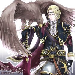 Rule 34 | 1boy, animal, armor, artist name, belt, bird, bird on hand, blonde hair, eagle, european clothes, fire emblem, fire emblem fates, gloves, highres, holding, looking at viewer, md5 mismatch, nintendo, pauldrons, shi (aoi yuno), shoulder armor, signature, simple background, smile, sword, weapon, white background, xander (fire emblem)