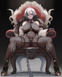 Rule 34 | 1girl, abs, arlecchino (genshin impact), bare shoulders, between breasts, black eyes, black footwear, black hair, black panties, bodysuit, breasts, cameltoe, chain, chain leash, claw ring, cleft of venus, colored shoe soles, commentary, covered abs, covered navel, english commentary, full body, fur collar, genshin impact, gluteal fold, gold footwear, grey bodysuit, grey hair, halterneck, highres, holding, holding chain, impossible bodysuit, impossible clothes, kinohara kossuta, large breasts, leash, multicolored hair, panties, panties over bodysuit, platform footwear, platform heels, pov, print bodysuit, sagging breasts, short hair, sitting, solo, spread legs, streaked hair, throne, toned, toned female, underwear, wide sleeves, x x