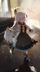 Rule 34 | 1girl, absurdres, angel wings, azusa (blue archive), black dress, black socks, blue archive, closed mouth, dress, feathered wings, feathers, flower, full body, gun, hair between eyes, hair flower, hair ornament, halo, highres, holding, holding gun, holding weapon, hpyer, long hair, long sleeves, purple eyes, purple flower, shoes, socks, solo, standing, weapon, white footwear, white hair, white wings, wings, yellow halo